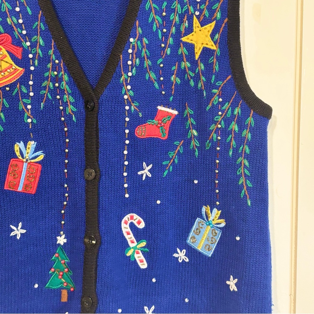 Bobbie Brooks Blue V Neck Button Front Christmas Holiday Sweater Vest LARGE - Picture 4 of 11